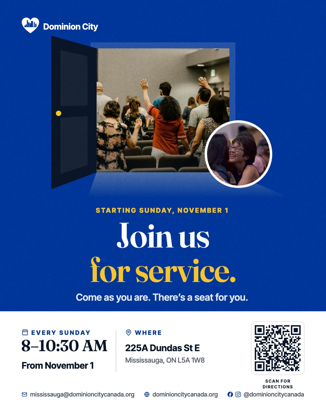 Join us for service, every Sunday 8:00–10:30 AM from November 1